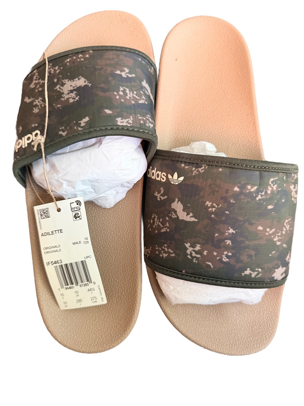Men’s Adidas Slides with Olive Camo Strap and Tan Footbed - Brand New! Size M 10
